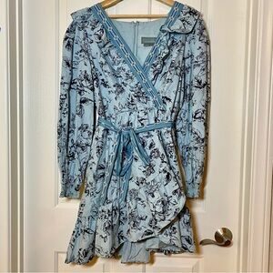 Anthropologie Ruffle Floral Wrap Long Sleeve Mini Dress XL Blue Ditzy Croquette